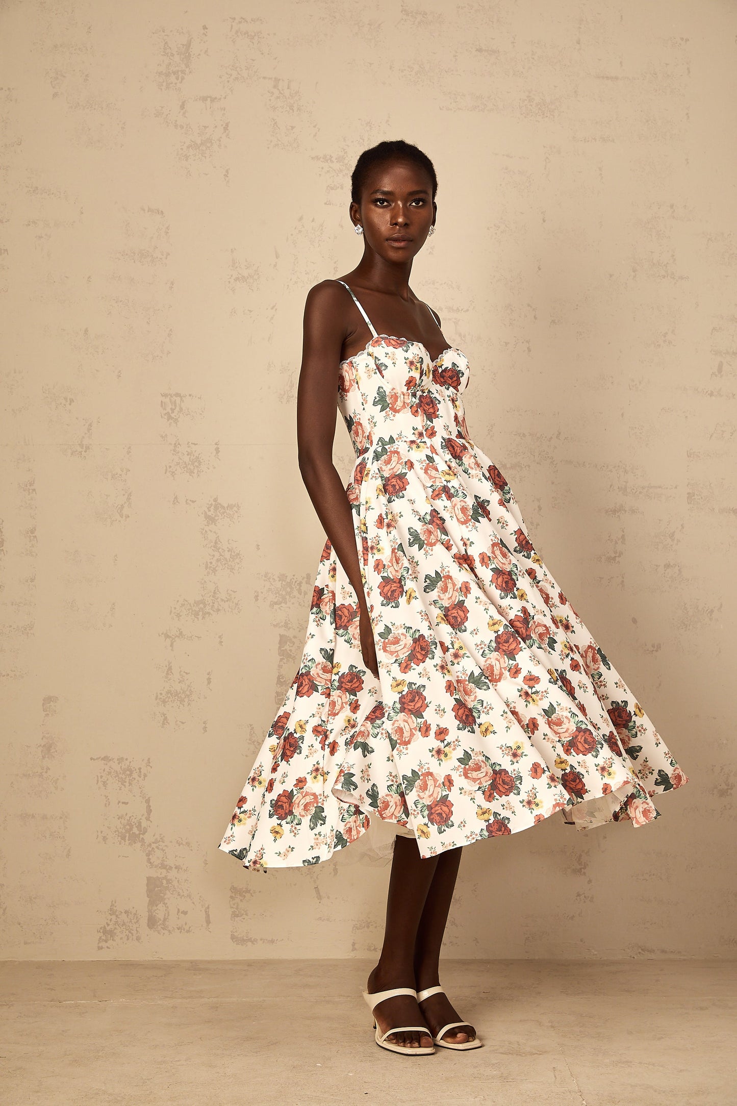 Airelle White Rose Print Flounced Midi Dress
