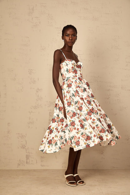 Airelle White Rose Print Flounced Midi Dress