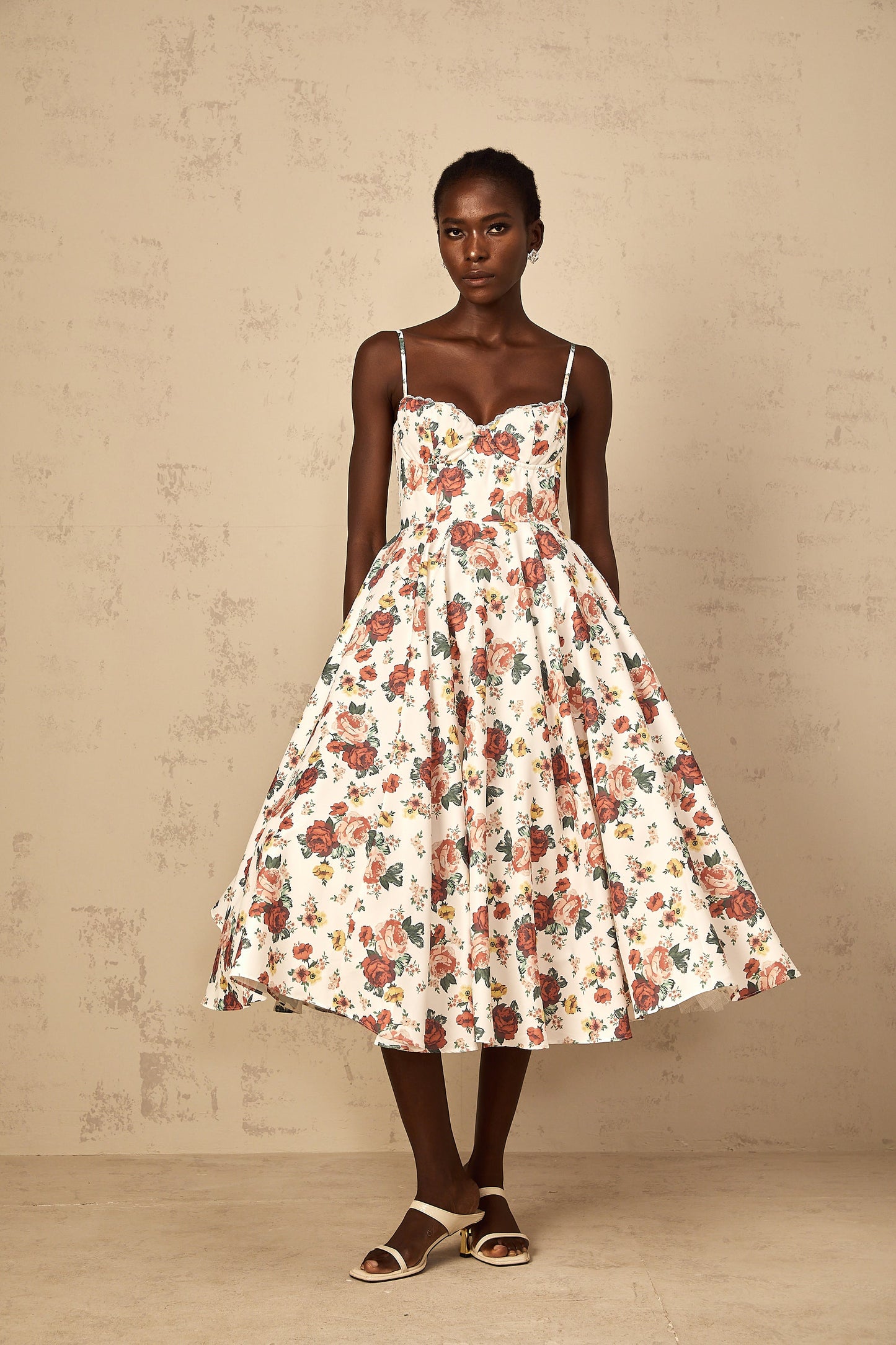 Airelle White Rose Print Flounced Midi Dress