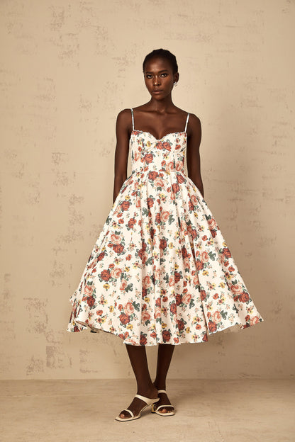 Airelle White Rose Print Flounced Midi Dress