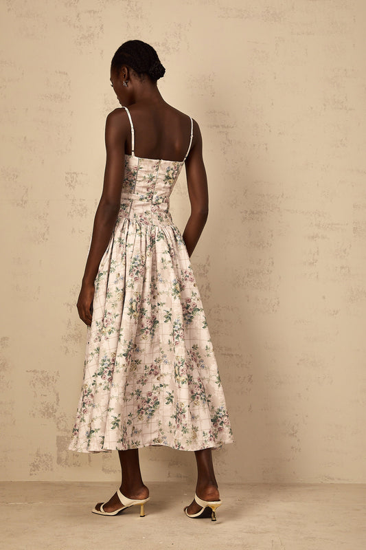 Fleur Neutral Floral Print Midi Dress