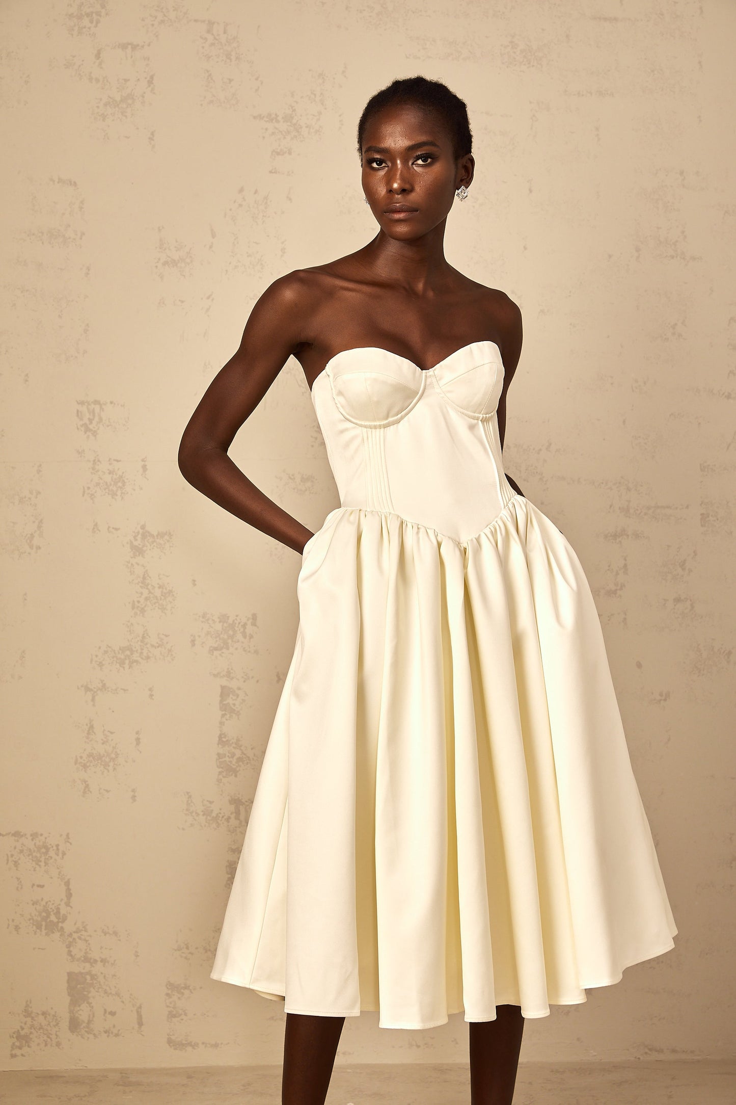 Noor White Off-Shoulder Shirred Midi Dress