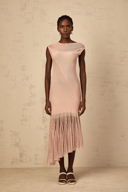 Laure Dusty Pink Tulle Panel Ribbed Knit Midi Dress