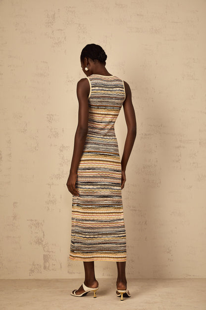 Quentin Yellow Striped Crochet Knit Midi Dress