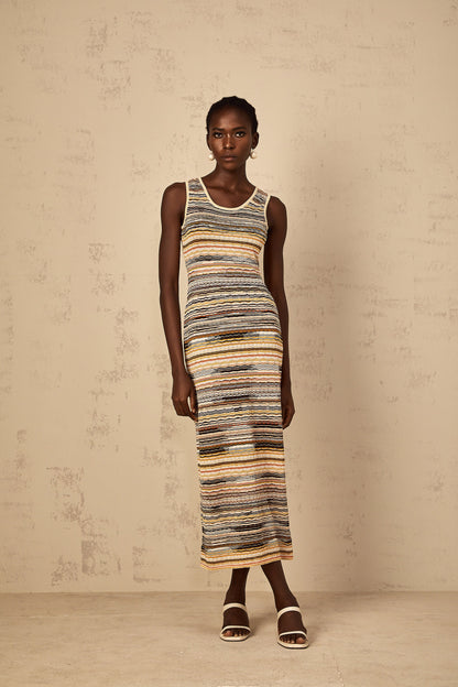 Quentin Yellow Striped Crochet Knit Midi Dress