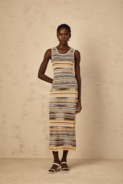 Quentin Yellow Striped Crochet Knit Midi Dress