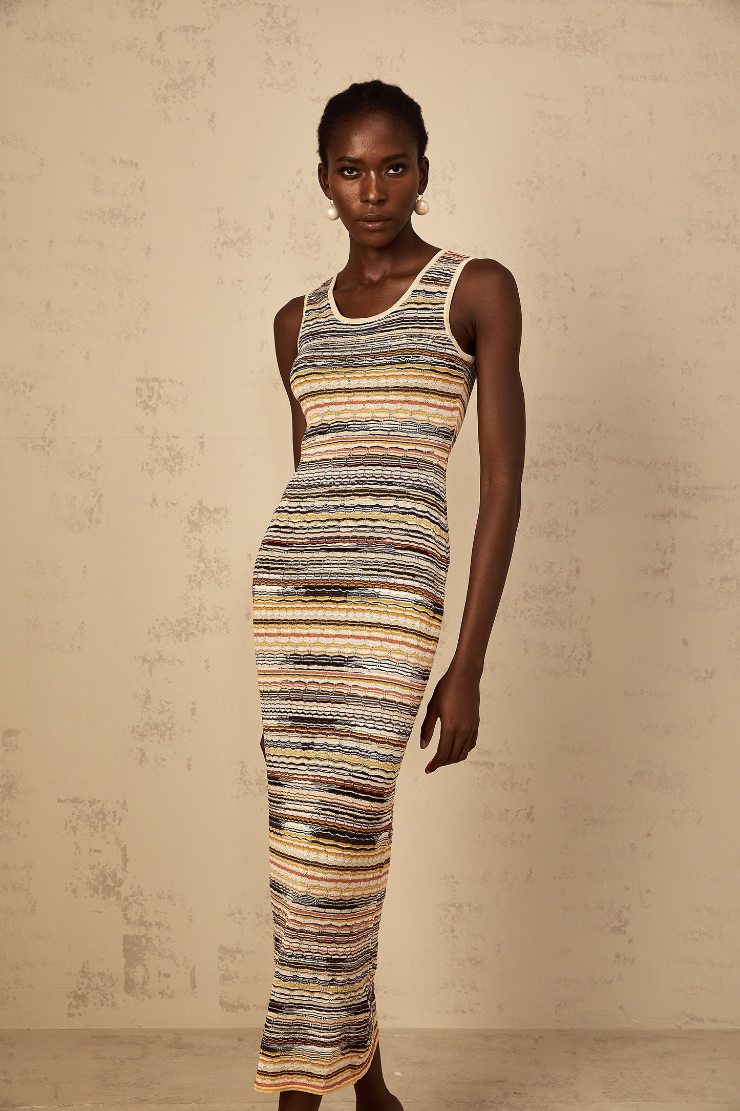 Quentin Yellow Striped Crochet Knit Midi Dress