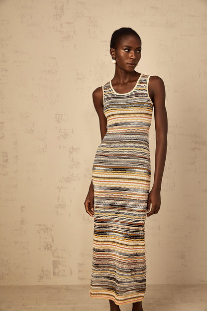 Quentin Yellow Striped Crochet Knit Midi Dress