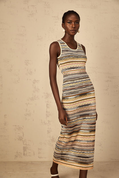 Quentin Yellow Striped Crochet Knit Midi Dress