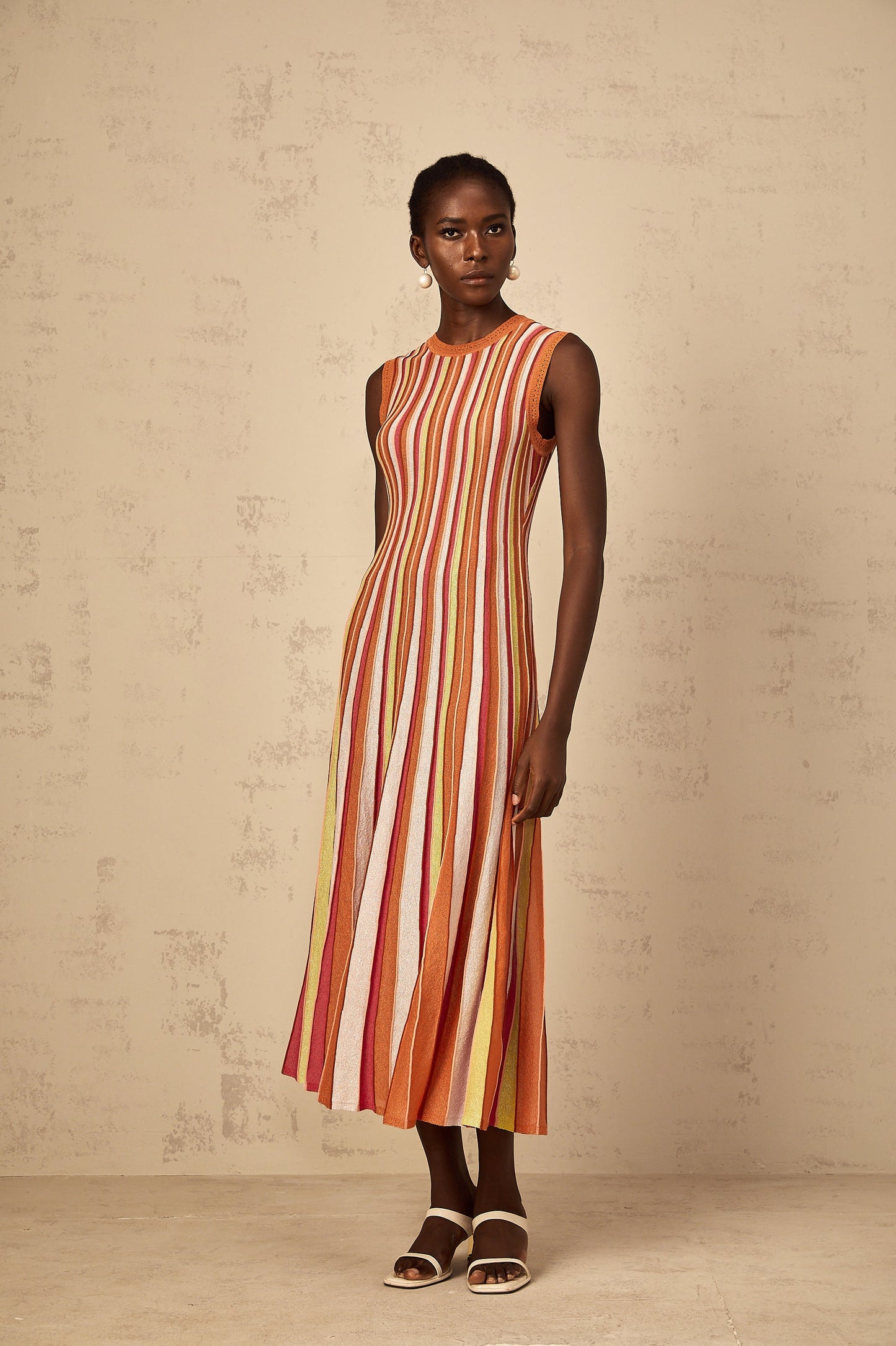 Abriana Orange Vertical Striped Knit Midi Dress