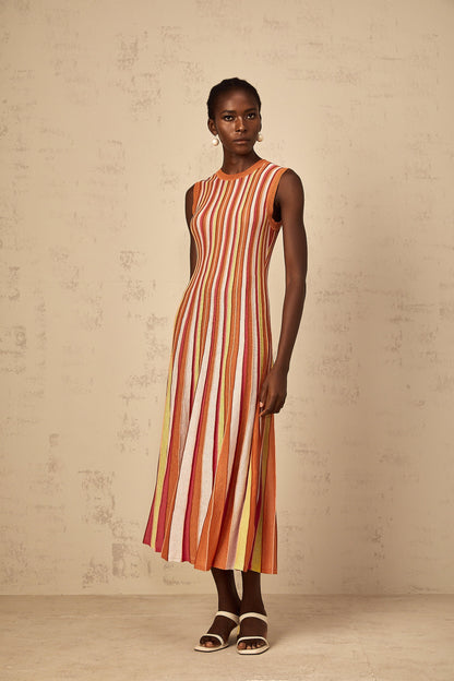 Abriana Orange Vertical Striped Knit Midi Dress