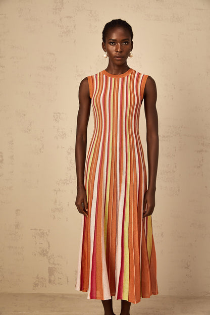 Abriana Orange Vertical Striped Knit Midi Dress