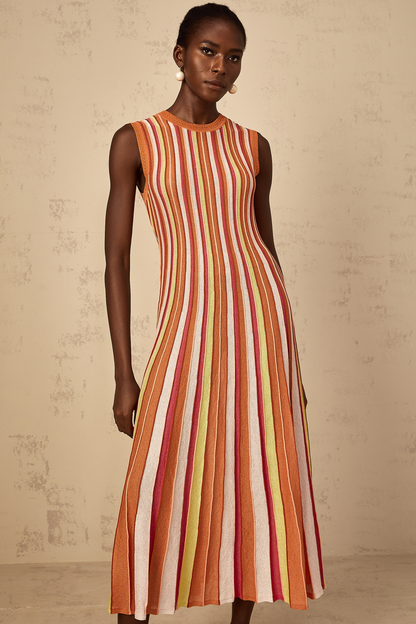 Abriana Orange Vertical Striped Knit Midi Dress