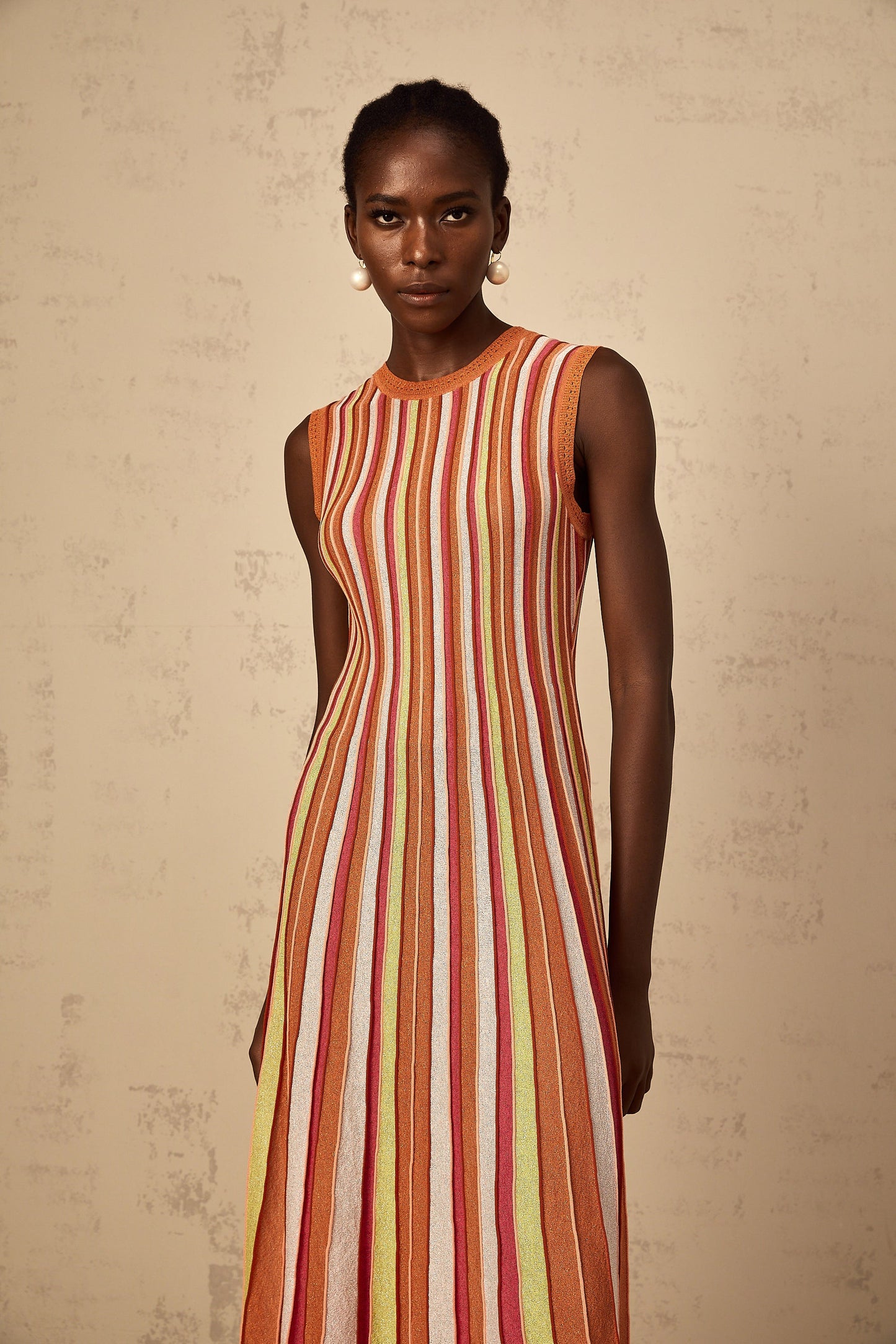 Abriana Orange Vertical Striped Knit Midi Dress