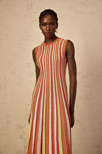 Abriana Orange Vertical Striped Knit Midi Dress