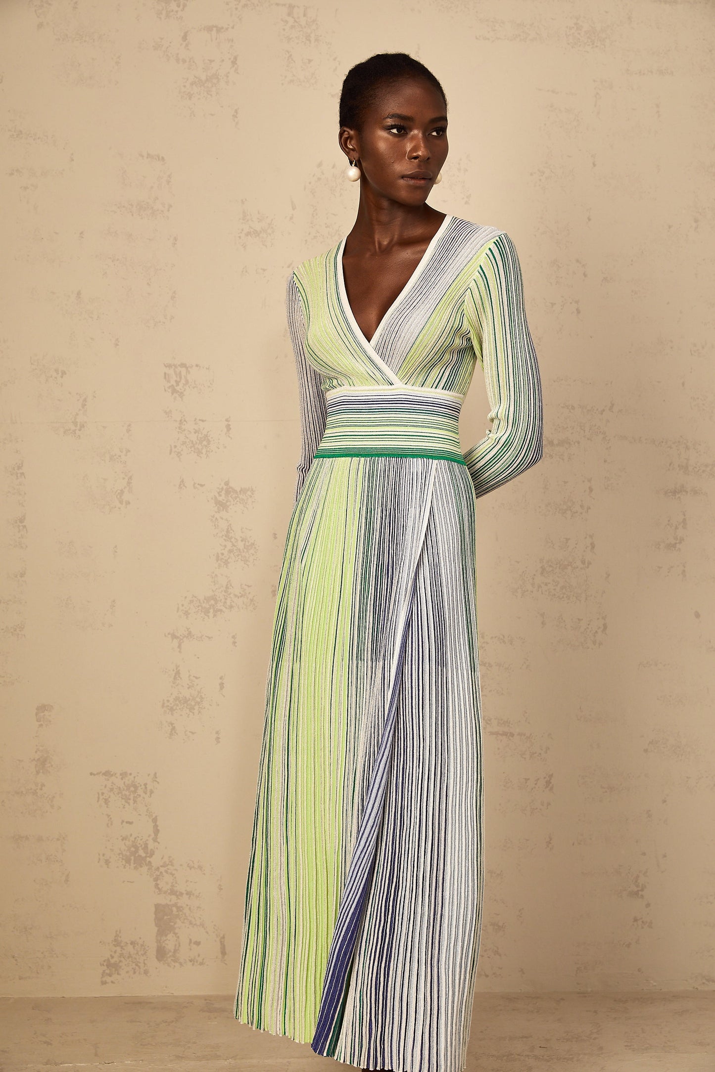 Amaryllis Green Long Sleeve Sequin Striped Knit Maxi Dress