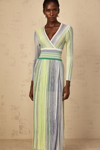 Amaryllis Green Long Sleeve Sequin Striped Knit Maxi Dress