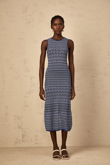 Ingrid Blue Wavy Crochet Knit Midi Dress