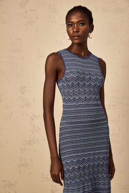 Ingrid Blue Wavy Crochet Knit Midi Dress