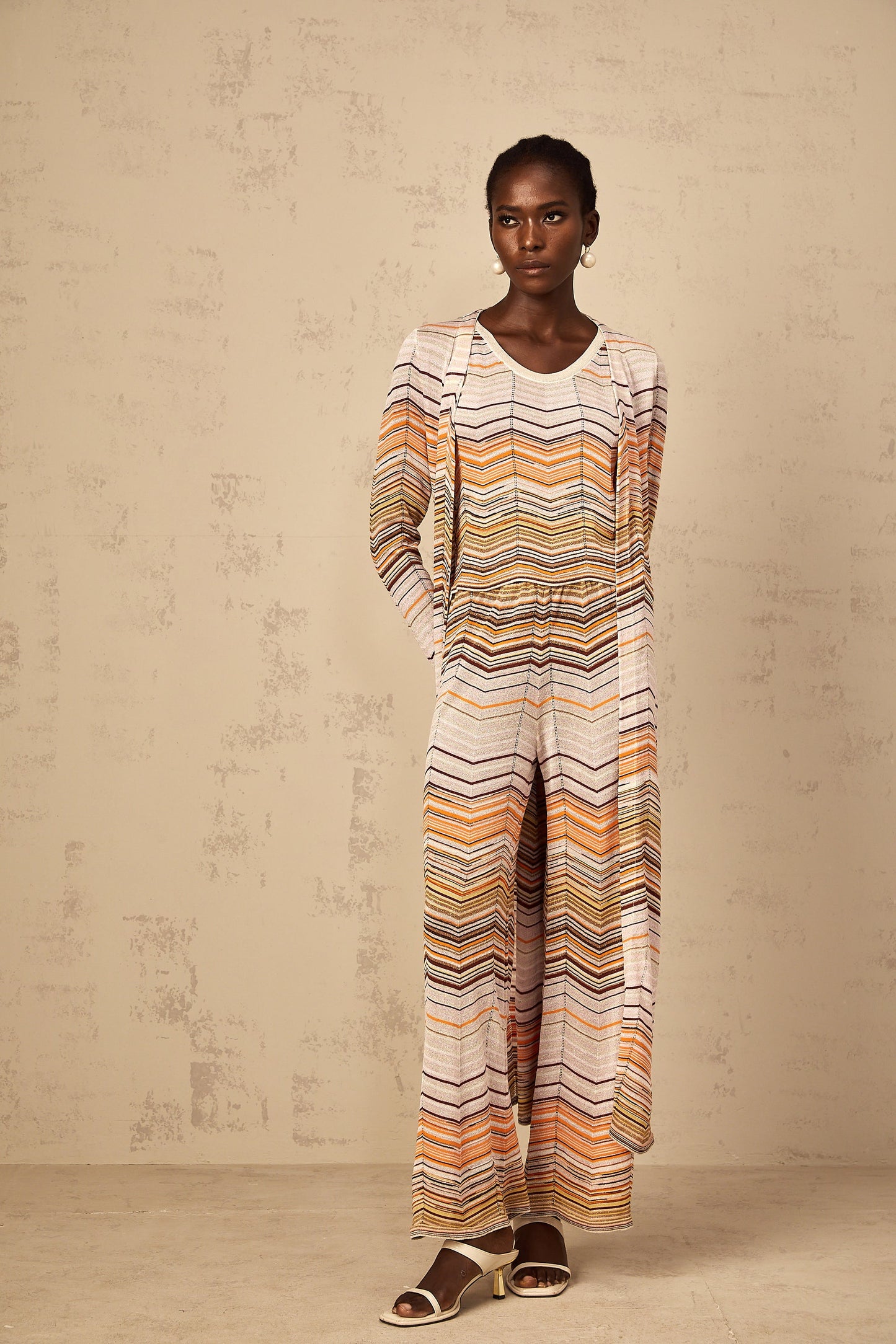 Chloé Neutral Striped Knit Long Cardigan