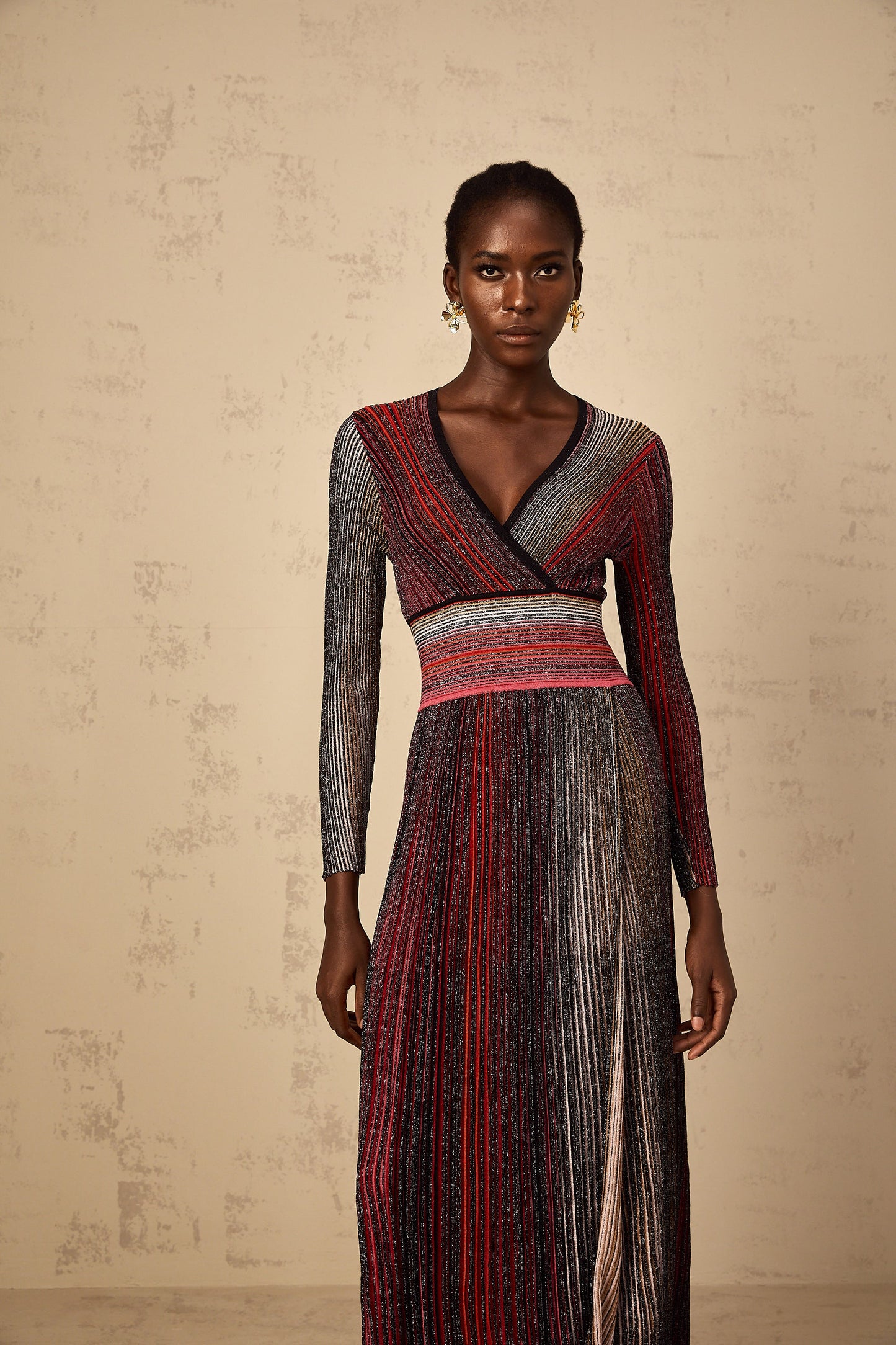 Amaryllis Red Long Sleeve Sequin Striped Knit Maxi Dress
