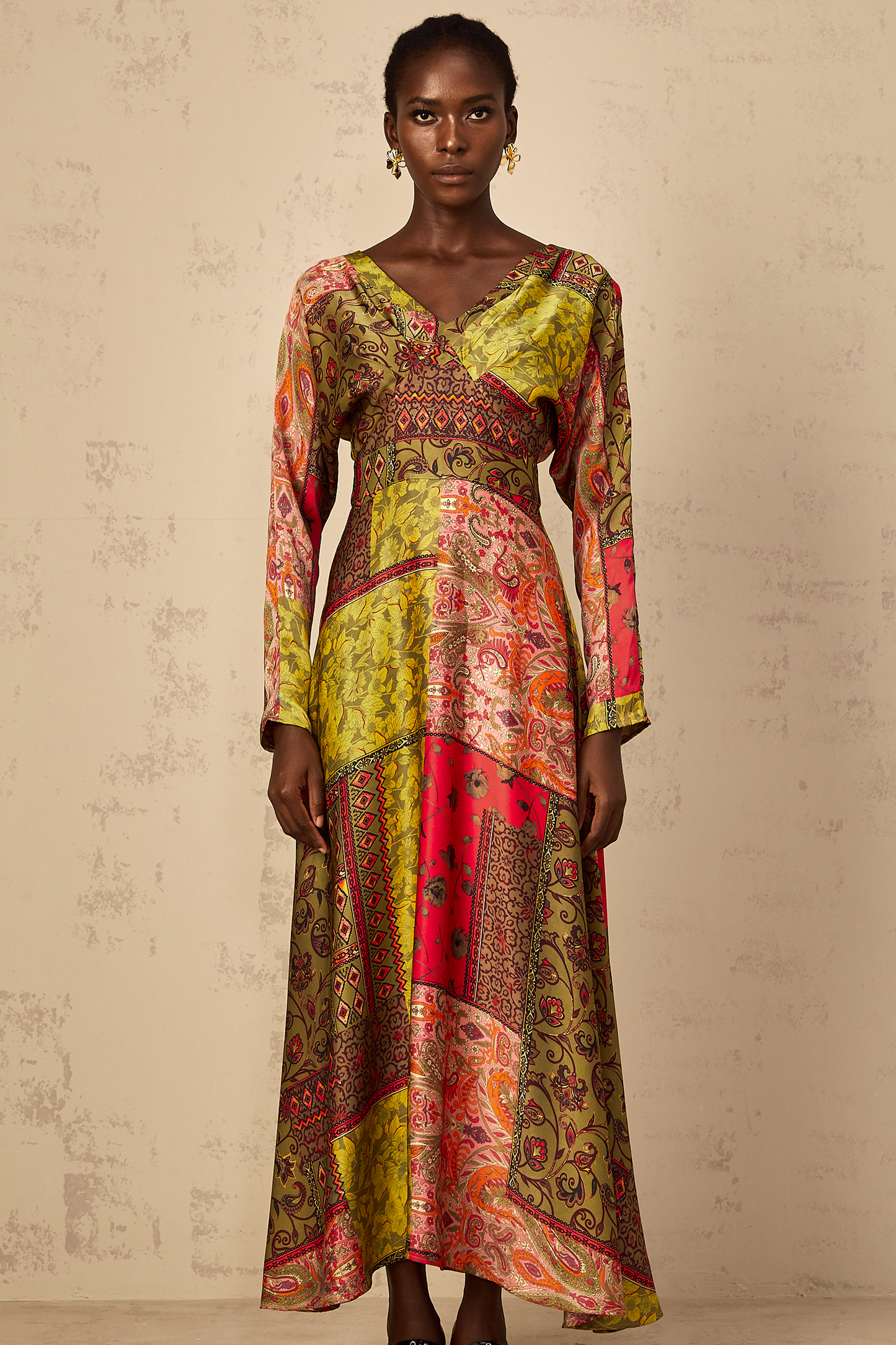 Pétunia Green Pattern Print Flared Midi Dress