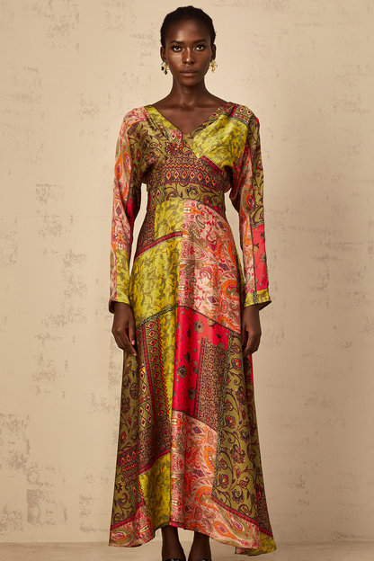 Pétunia Green Pattern Print Flared Midi Dress