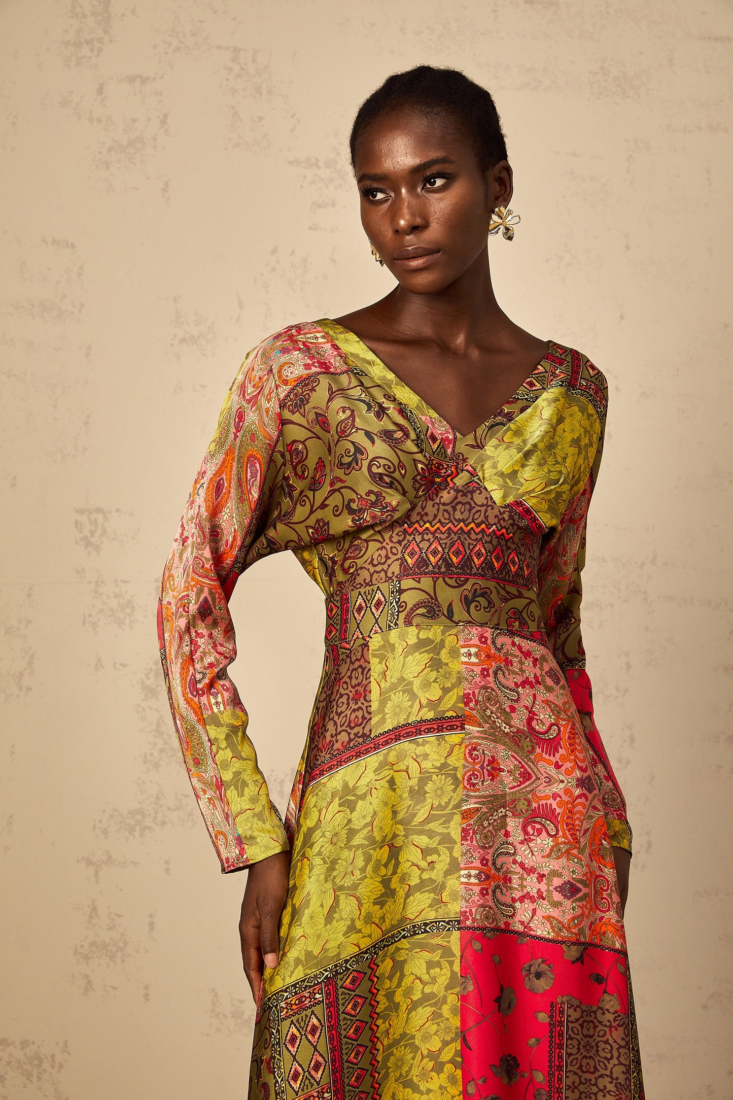 Pétunia Green Pattern Print Flared Midi Dress