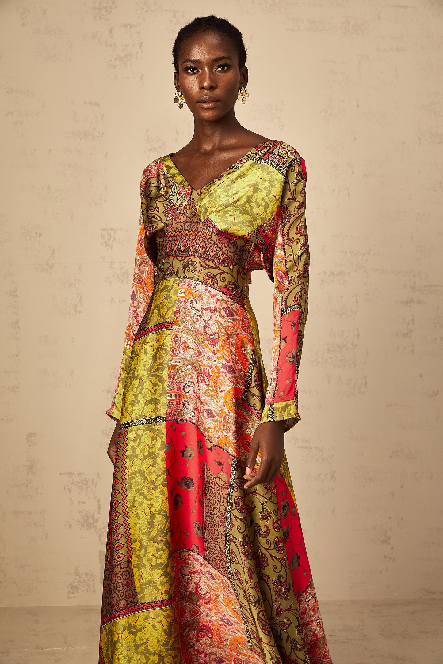 Pétunia Green Pattern Print Flared Midi Dress