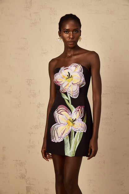 Irène Black Off-Shoulder Sequin Floral Embroidered Mini Dress