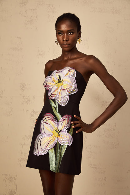Irène Black Off-Shoulder Sequin Floral Embroidered Mini Dress