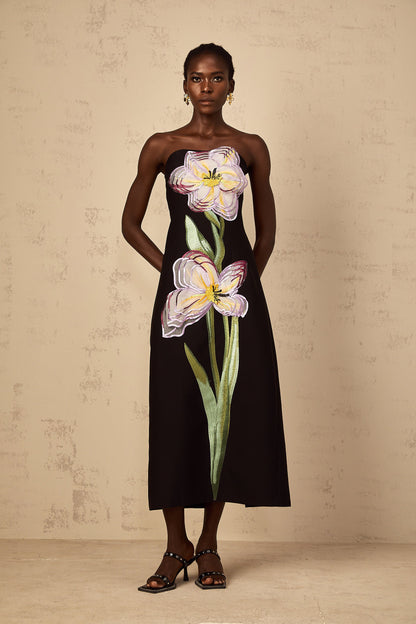 Irène Sequin Embroidered Off-Shoulder Midi Dress in Black