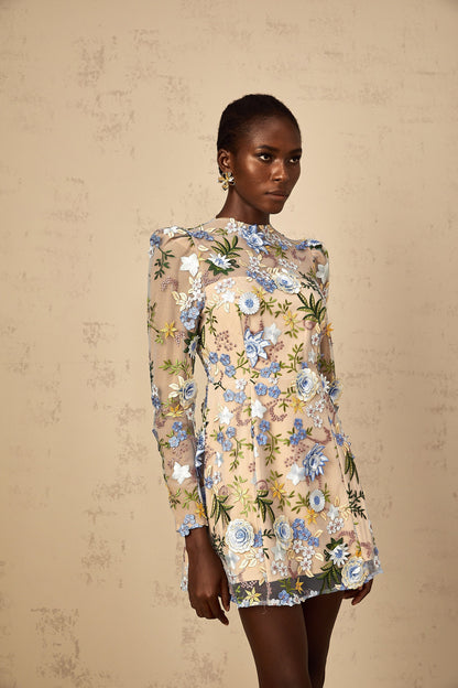 Jolien Blue Floral Appliqué Embroidered Tulle Mini Dress