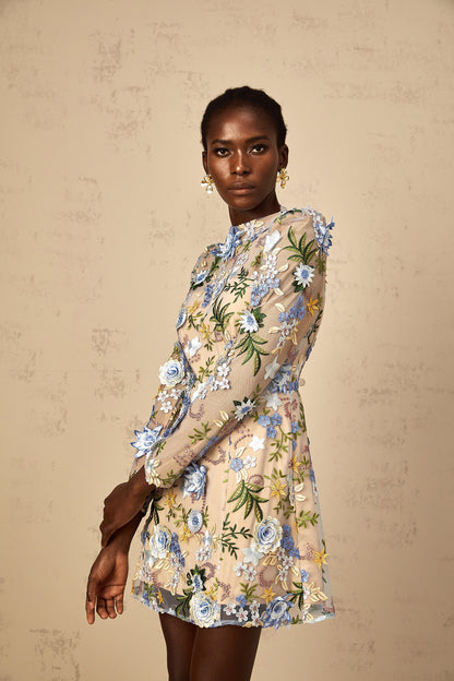 Jolien Blue Floral Appliqué Embroidered Tulle Mini Dress
