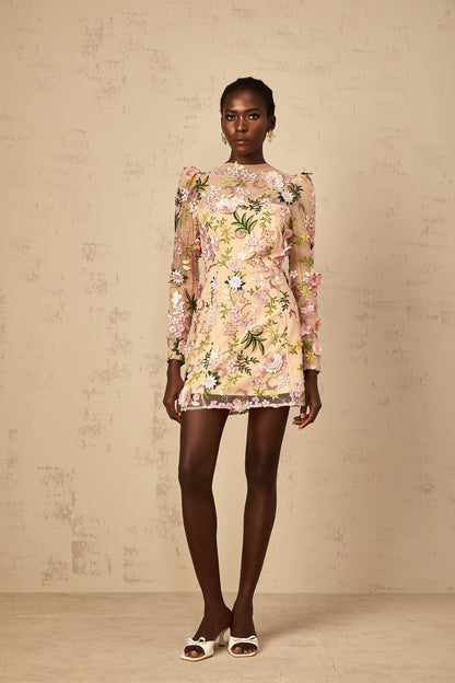 Jolien 3D Floral Appliqué Mini Dress in Pink