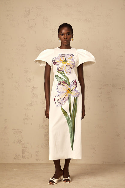 Irène White Sequin Floral Embroidered Midi Dress