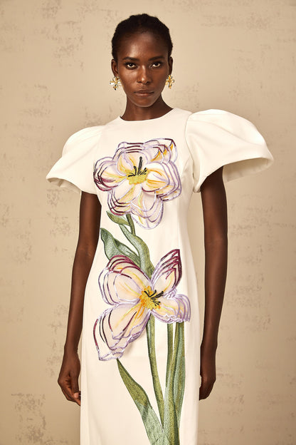 Irène White Sequin Floral Embroidered Midi Dress