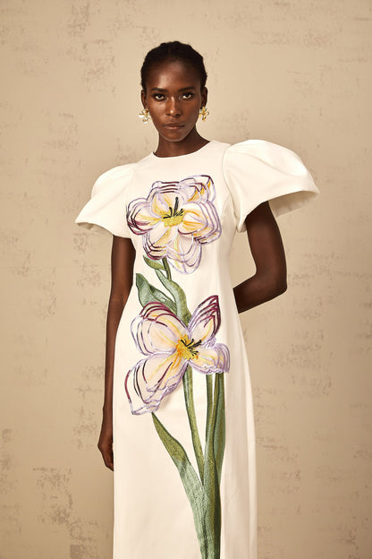 Irène White Sequin Floral Embroidered Midi Dress