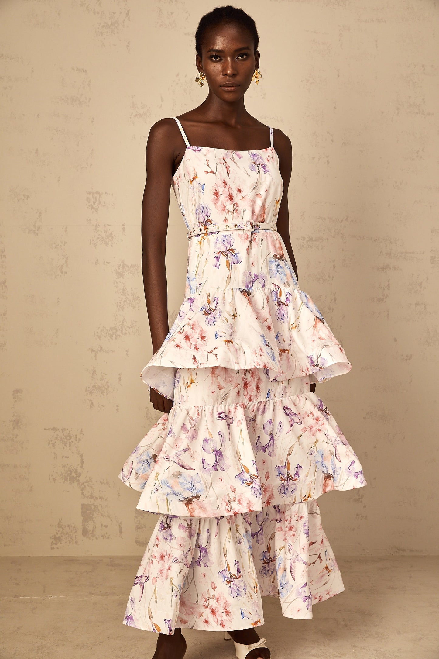 Géraldine White Floral Print Ruffled Tiered Maxi Dress