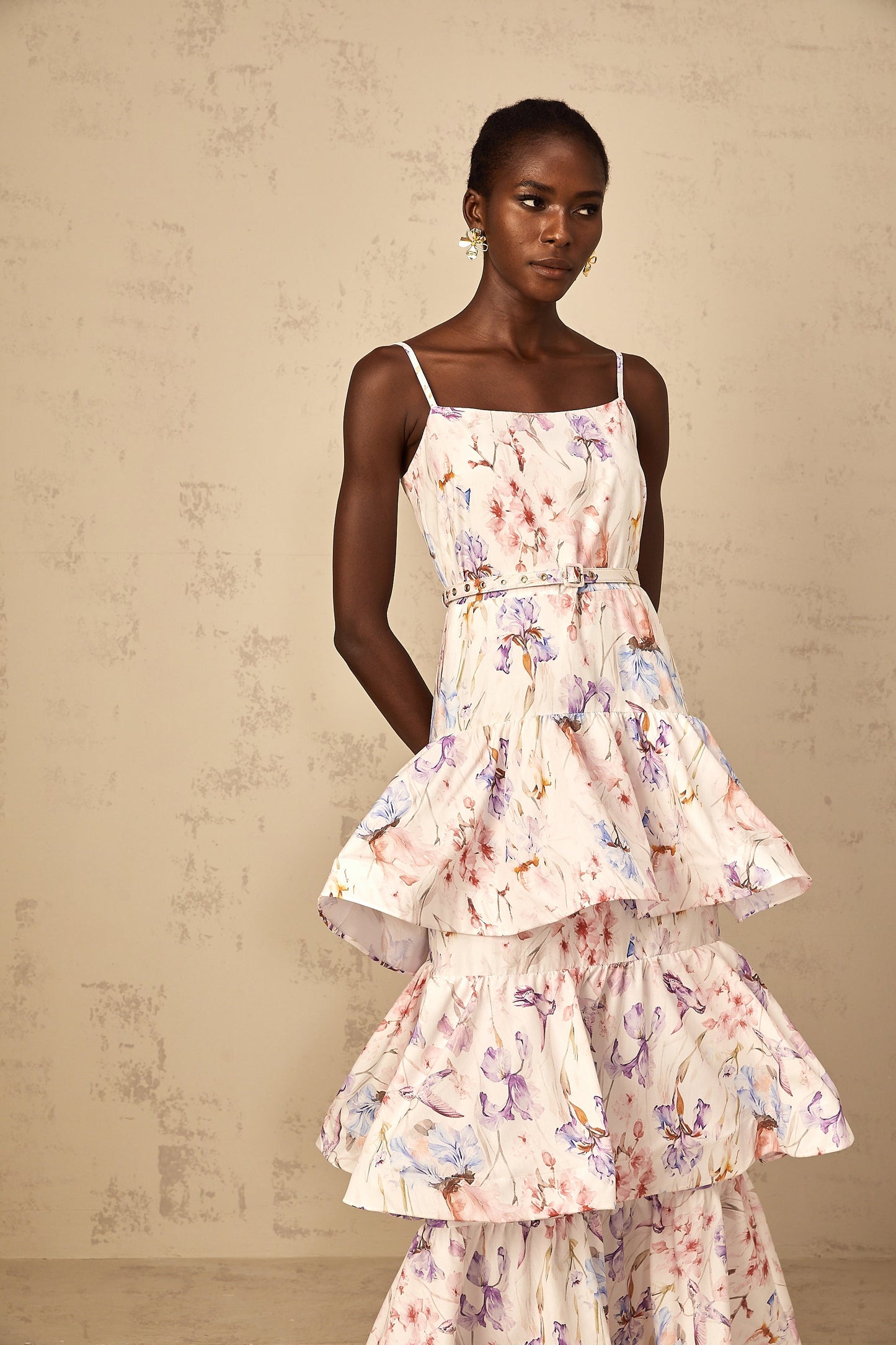 Géraldine White Floral Print Ruffled Tiered Maxi Dress