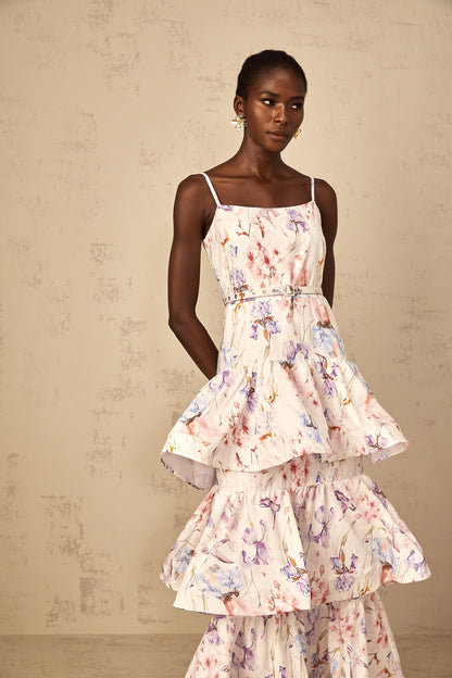 Géraldine White Floral Print Ruffled Tiered Maxi Dress