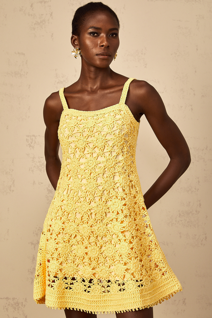 Isoline Yellow Flared Crochet Knit Mini Dress