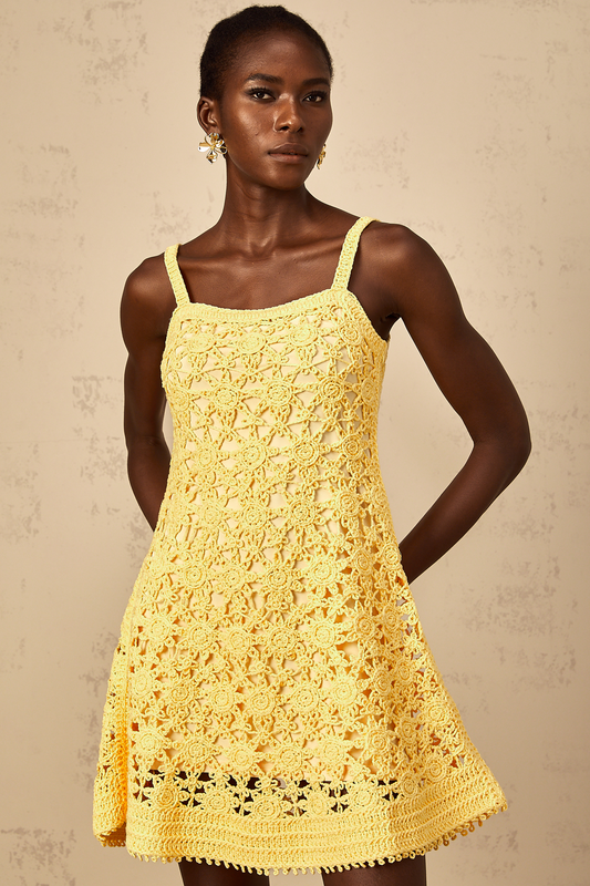 Isoline Yellow Flared Crochet Knit Mini Dress