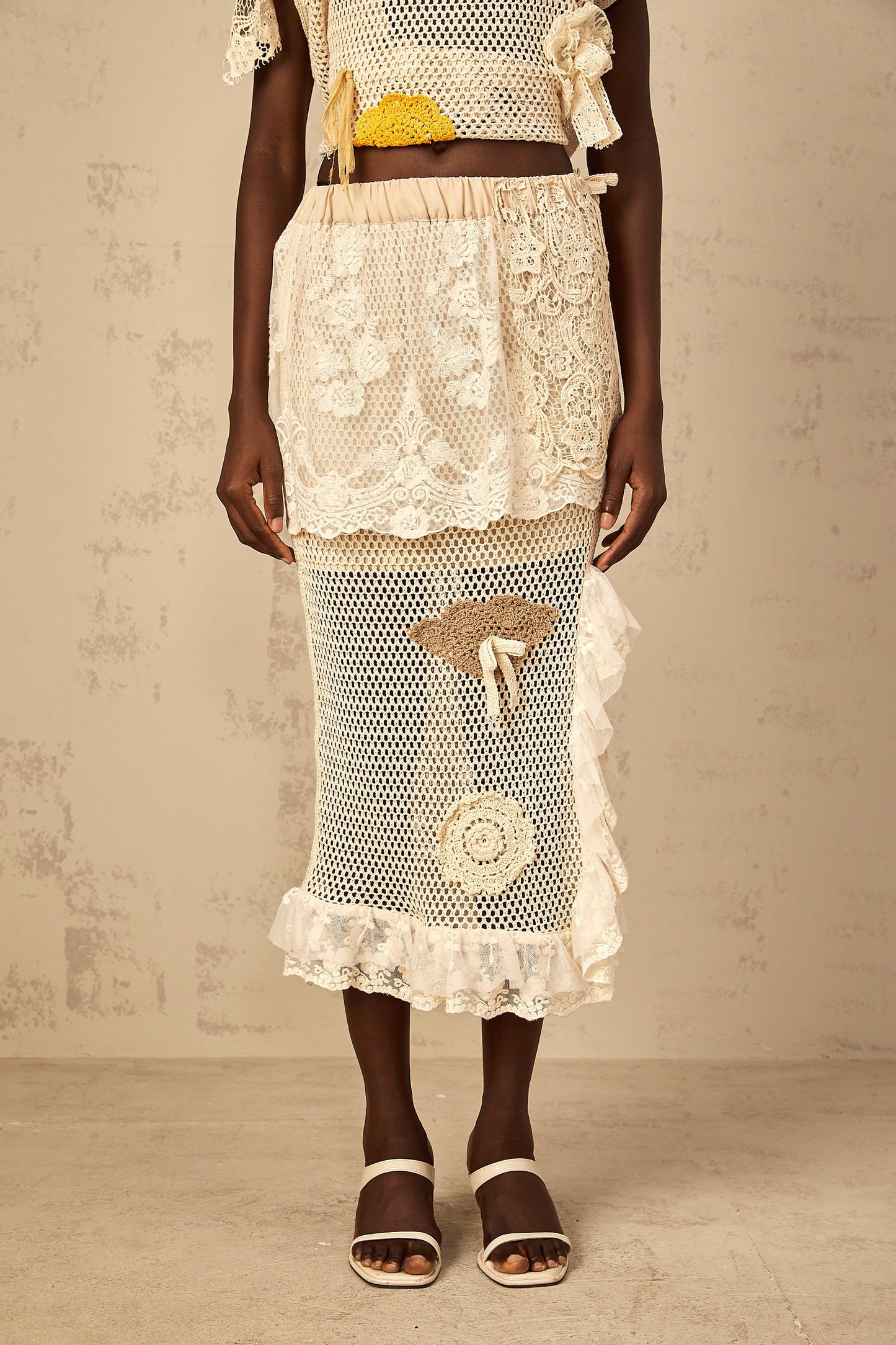 Léa lace-panel crochet-knit midi skirt