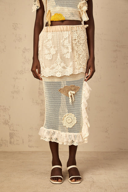 Léa lace-panel crochet-knit midi skirt
