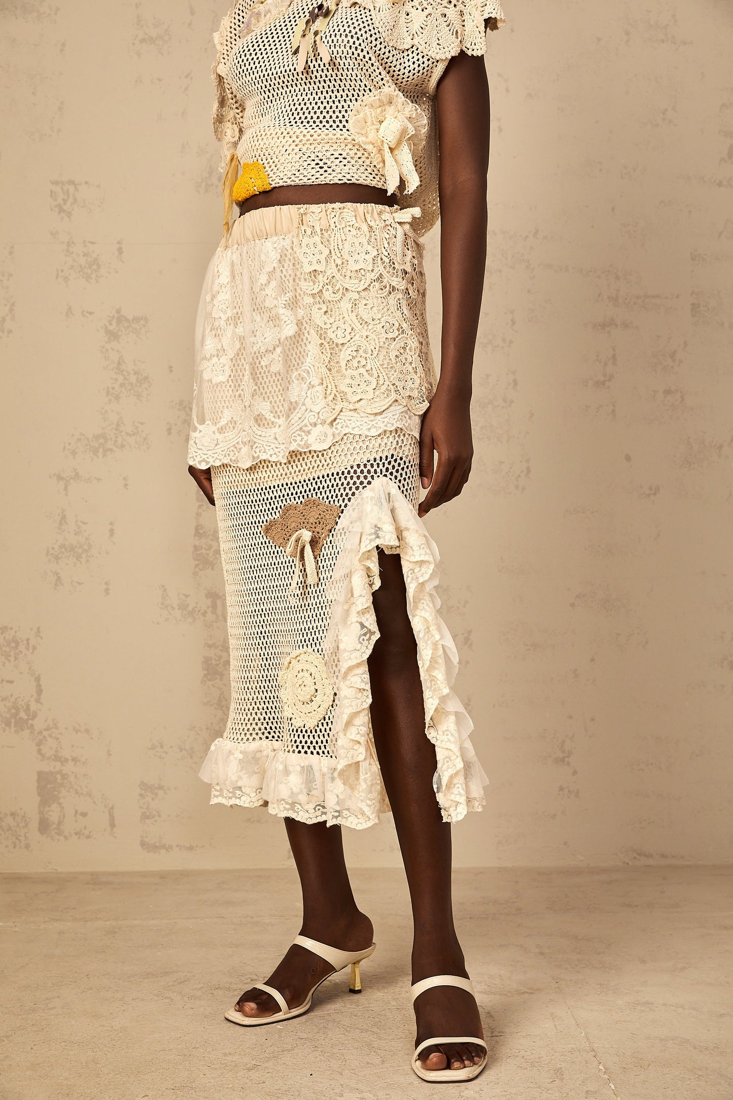 Léa lace-panel crochet-knit midi skirt