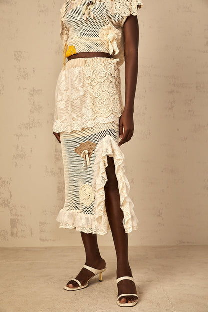 Léa lace-panel crochet-knit midi skirt
