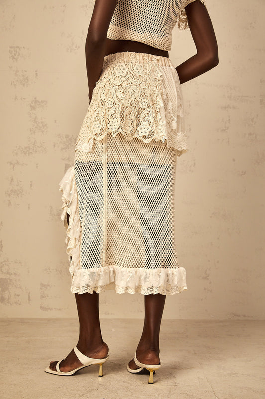 Léa lace-panel crochet-knit midi skirt