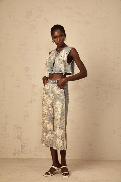 Amaryllis blue lace-panelling cropped denim top