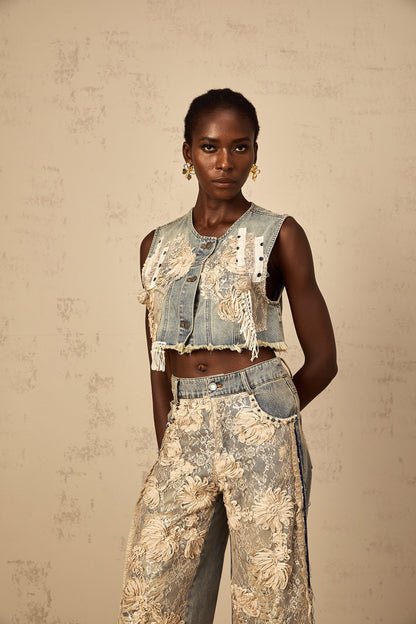 Amaryllis blue lace-panelling cropped denim top